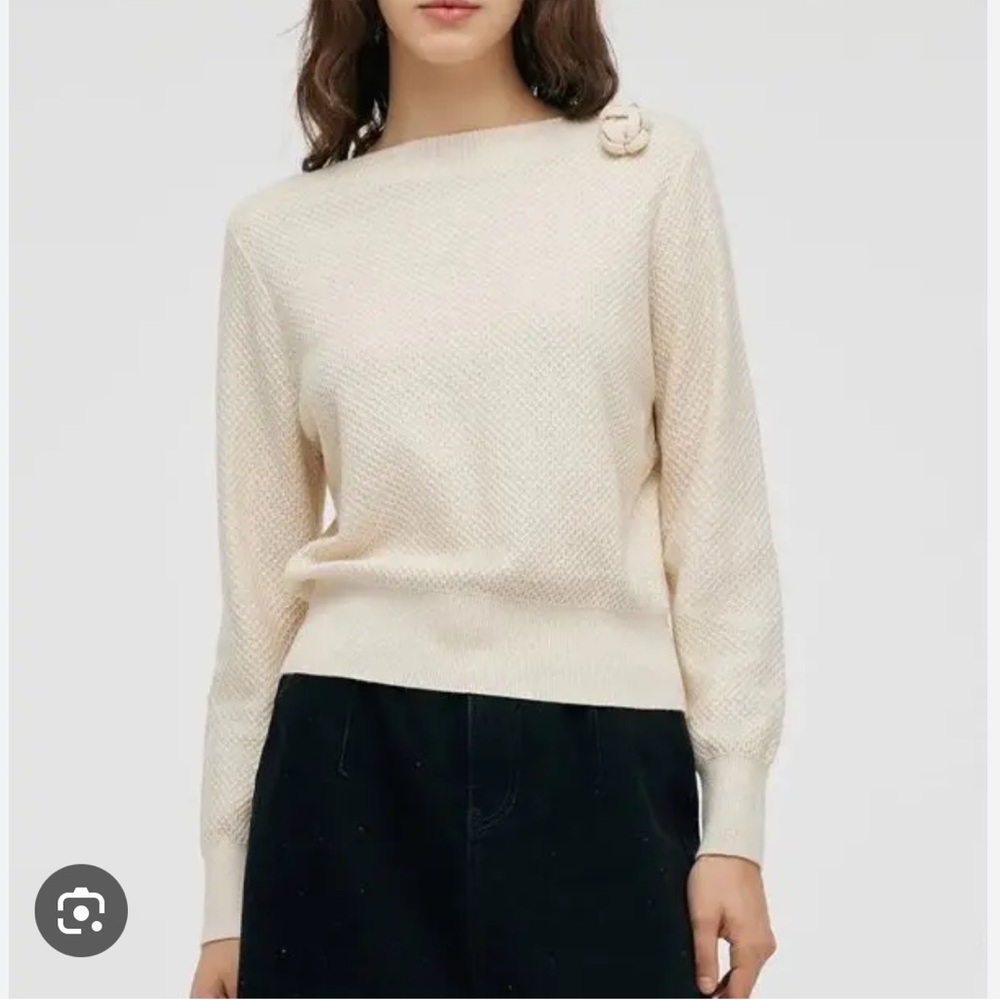 Goelia Boatneck Wool Blend Metallic Textured Sweater w/ 3D Rose Ivory XS NWOT